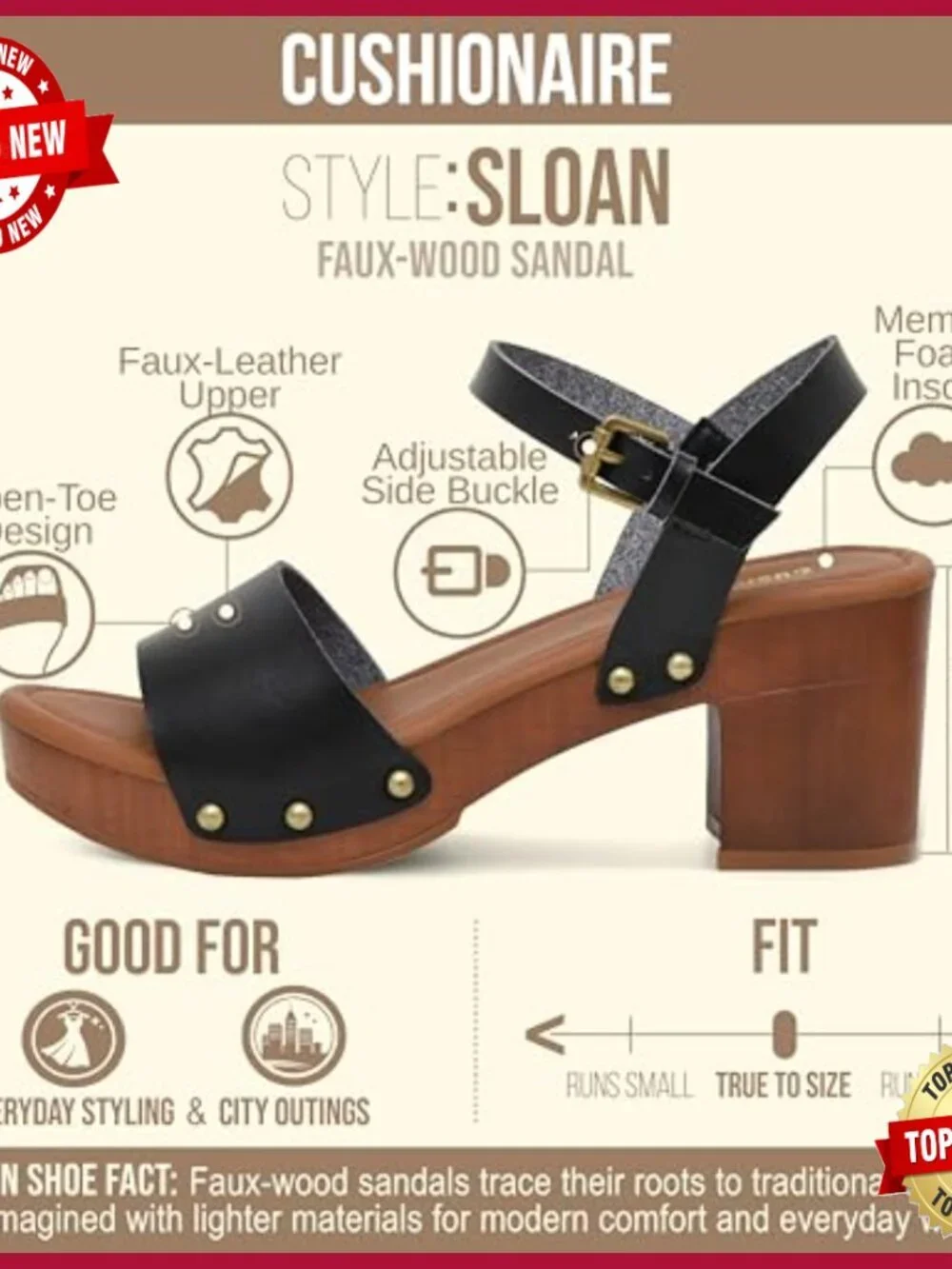 Women's Faux Wood Sandals with Memory Foam Insole, Wide Width Available